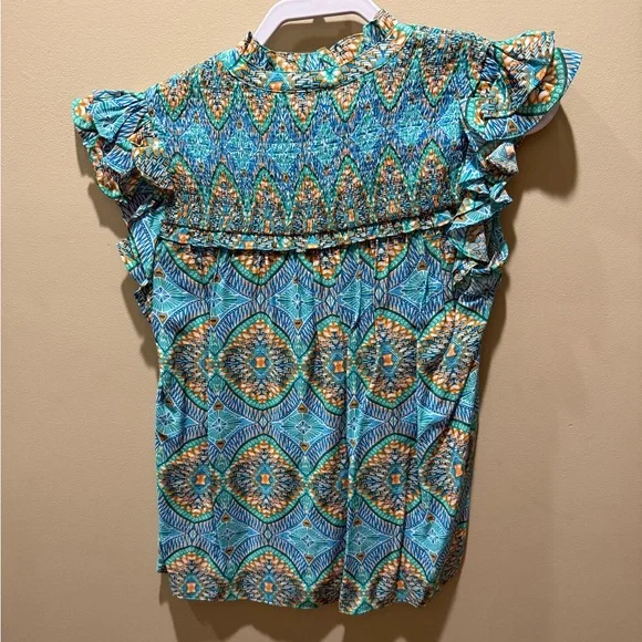 New Blue Ruffle Patterned Blouse Top Women’s Small - Picture 2 of 3